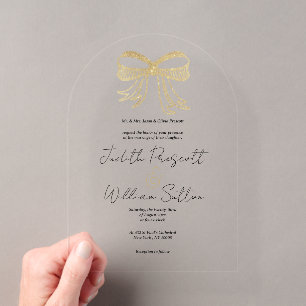 White gold glitter bow ribbon simple Wedding Acrylic Invitations