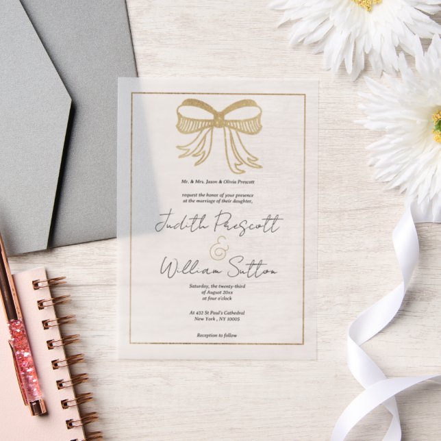 White gold glitter bow ribbon simple Wedding Vellum Invitations (Wedding)