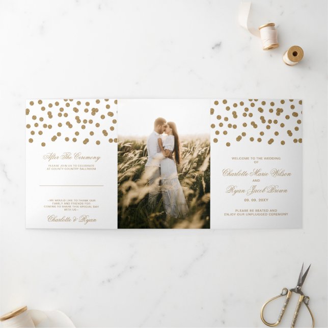 White Gold Glitter Confetti Photo Wedding  Tri-Fold Programme (Outside)