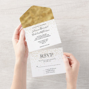 White Gold glitter confetti sparkle Wedding All In One Invitation