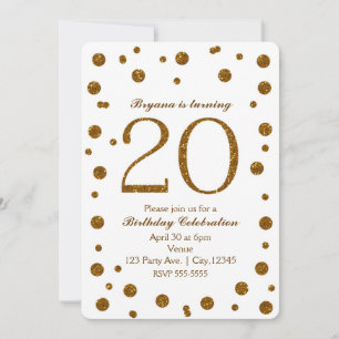 White & Gold Glitter Dots 20th 20 Birthday Party Invitation