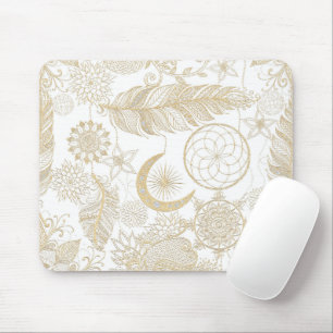 White & Gold Glitter Dreamcatcher Feathers Mandala Mouse Pad