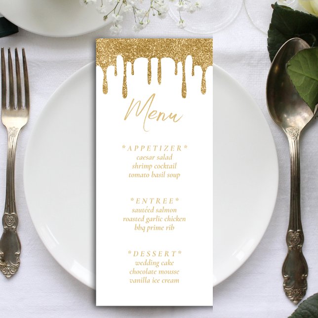 White & Gold Glitter Drip Wedding Reception Menu (White & Gold Glitter Drip Wedding Reception Menu)