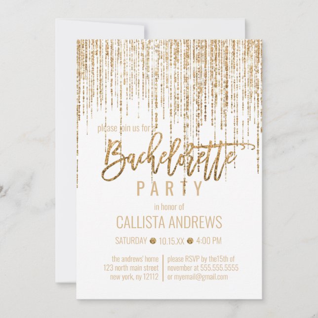 White Gold Glitter Fringe Curtain Bachelorette Invitation (Front)