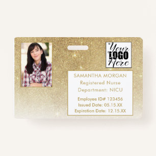 White Gold Glitter Gradient Photo Logo Employee ID Badge