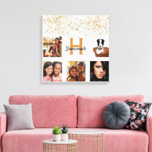 White gold glitter monogram photo collage canvas print