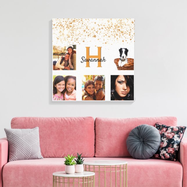 White gold glitter monogram photo collage canvas print (Insitu(LivingRoom))