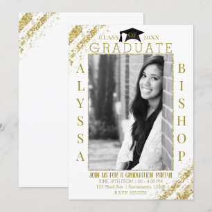 White Gold Glitter Photo Graduation Graduate Party Invitation