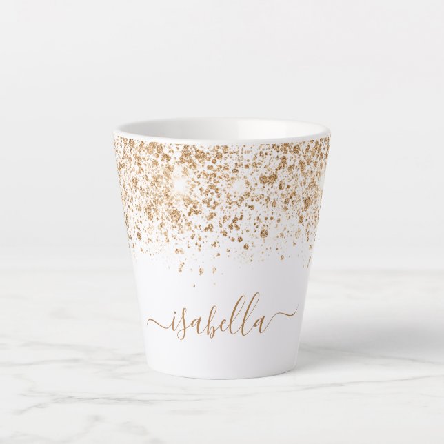 White gold glitter sparkles name script latte mug (Front)