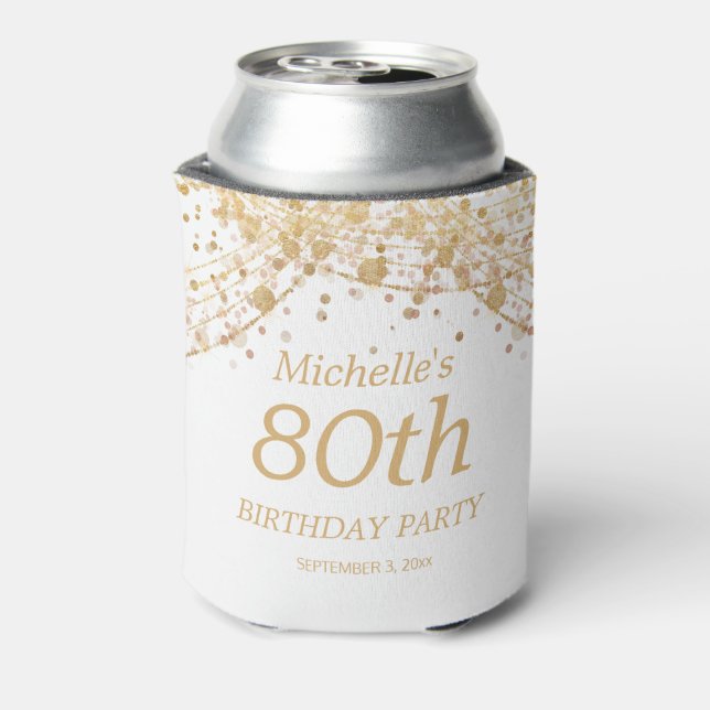 White Gold Glitter Surprise 80th Birthday  Can Cooler (Can Back)