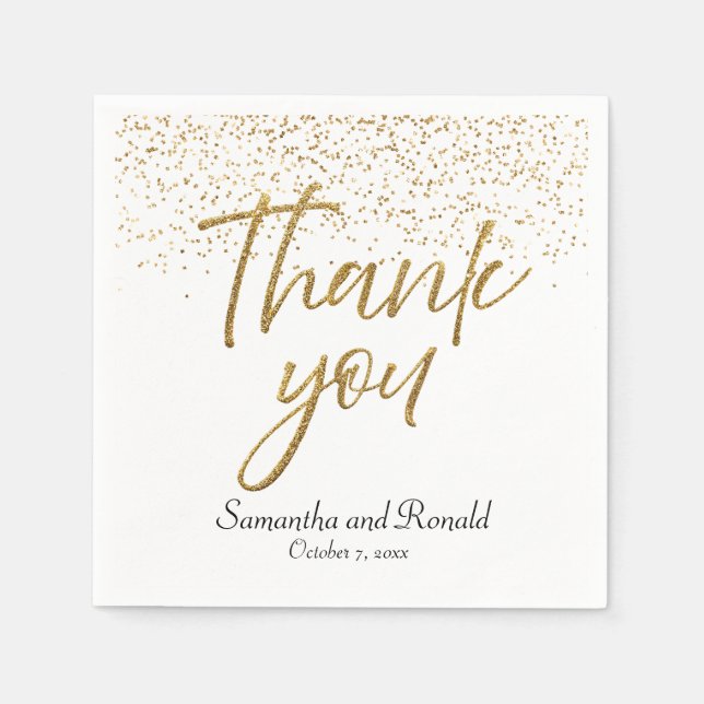 White & Gold Glitter Thank You Wedding Napkin (Front)