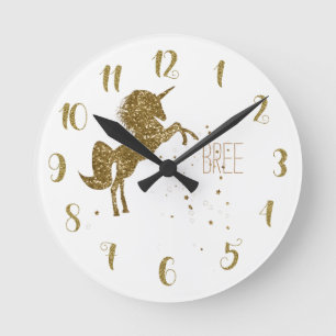 White & Gold Glitter Unicorn & Stars Personalized Round Clock