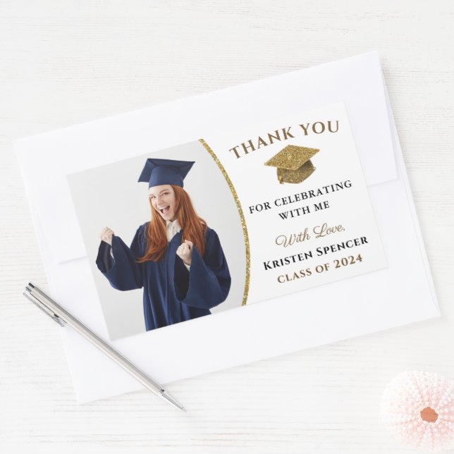 White Gold Graduate Photo Graduation Thank You Sticker (Envelope)