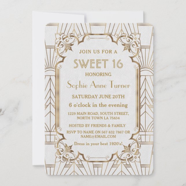 White Gold Great Gatsby Art Deco Sweet 16 Invite (Front)