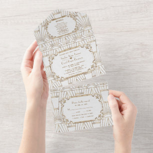 White Gold Great Gatsby Art Deco Wedding   All In One Invitation
