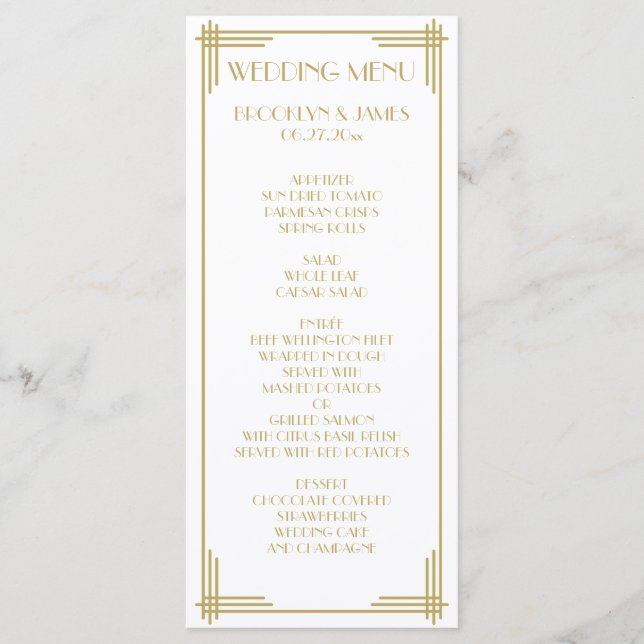 White Gold Great Gatsby Art Deco Wedding Menu Card (Front)