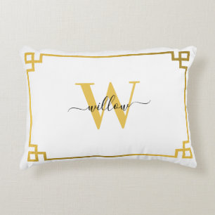 White & Gold Greek Key Monogrammed Accent Pillow
