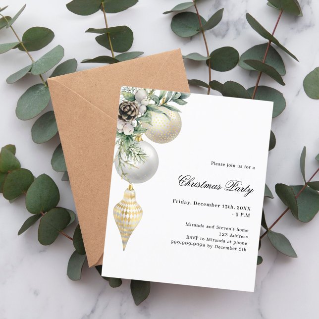 White gold green bauble Christmas Party invitation (Creator Uploaded)