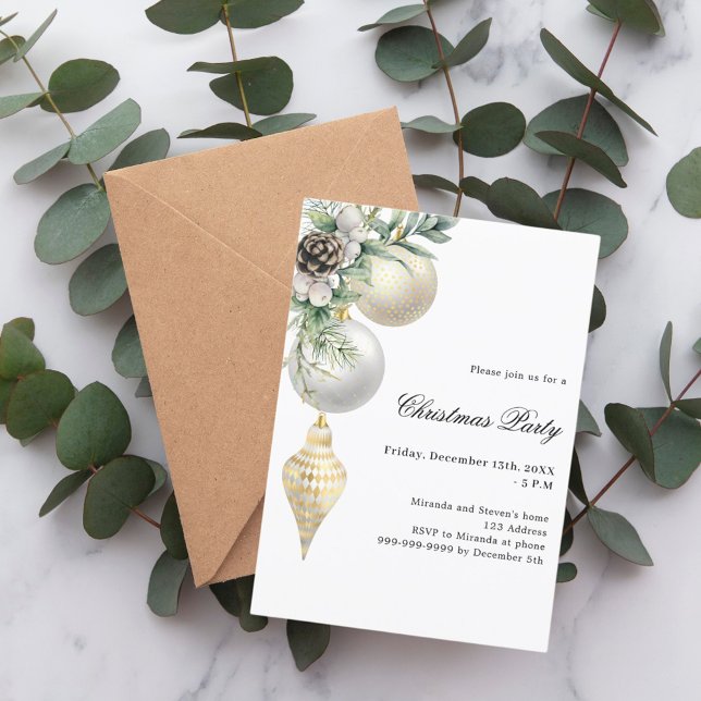 White gold green baubles Christmas Party Invitation (Creator Uploaded)