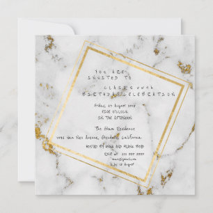 White Gold Grey Marble Geometric Square Party Invitation