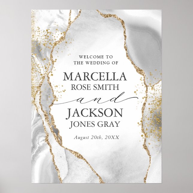 White, Gold & Grey Mist Agate Wedding Poster (Front)