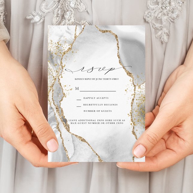 White, Gold & Grey Mist Agate Wedding RSVP Invitation (Creator Uploaded)