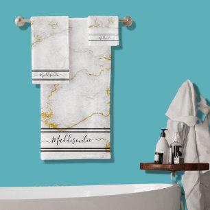 White Gold Grey Monogram Name Marble Custom Bath T Towel Set
