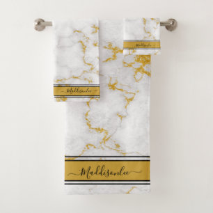 White Gold Grey Monogram Name Marble Custom  Bath Towel Set