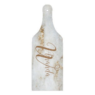 White Gold Grey Monogram Name Marble Cutting Board