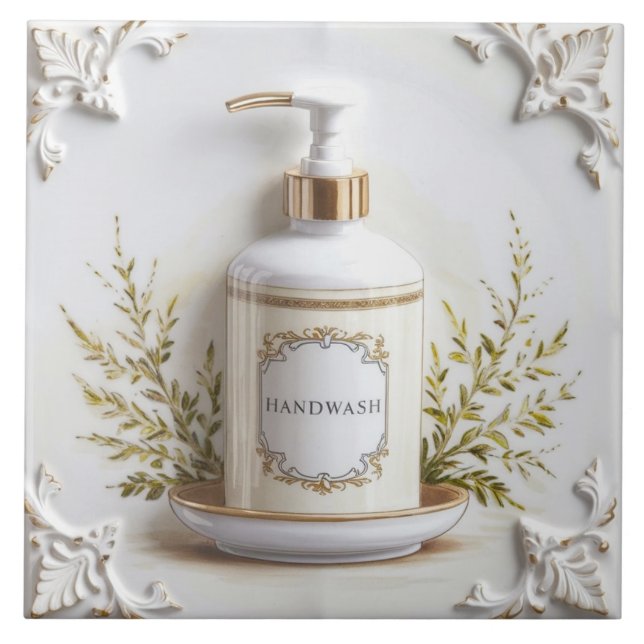 White & Gold Hand wash Soap Bottle Funny Bathroom Tile (Front)