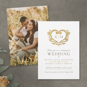 White gold heart brown wedding photo invitation