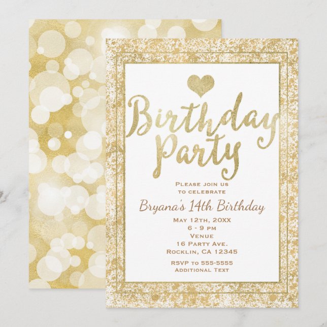 White & Gold Heart Glam Birthday Party Invitation (Front/Back)