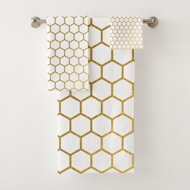 White & Gold Hexagon Geometric Pattern Bath Towel Set (Insitu)