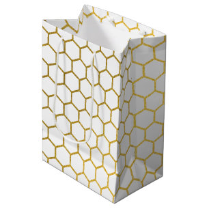White & Gold Hexagon Geometric Pattern Medium Gift Bag
