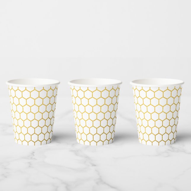 White & Gold Hexagon Geometric Pattern Paper Cups (Multi)
