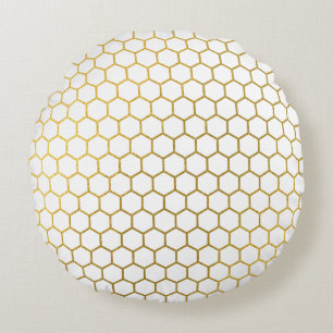 White & Gold Hexagon Geometric Pattern Round Pillow