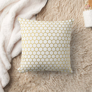 White & Gold Hexagon Geometric Pattern Throw Pillow