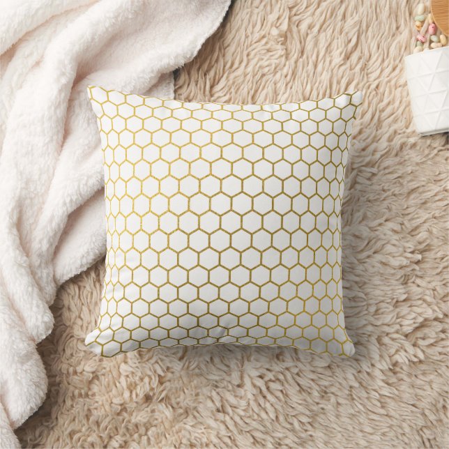 White & Gold Hexagon Geometric Pattern Throw Pillow (Blanket)