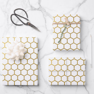 White & Gold Hexagon Geometric Pattern Wrapping Paper Sheet