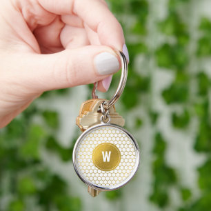 White & Gold Hexagon Pattern Monogrammed Initial Keychain