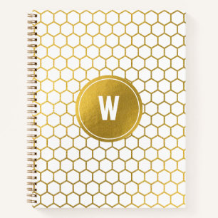 White & Gold Hexagon Pattern Monogrammed Initial Notebook