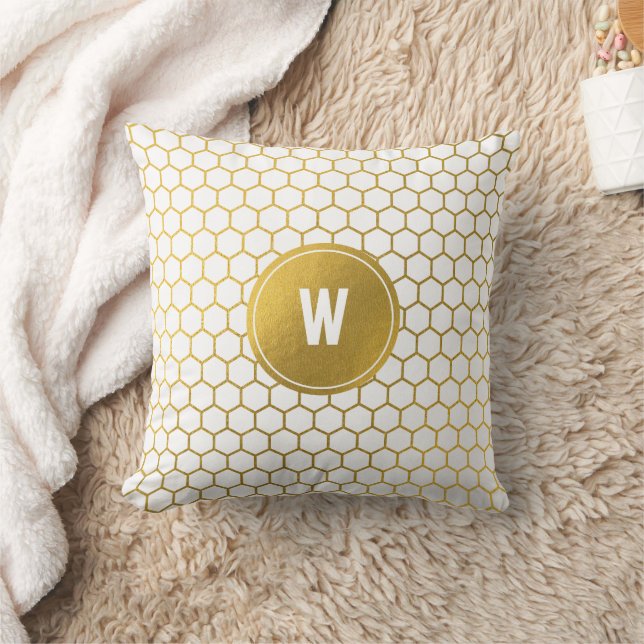 White & Gold Hexagon Pattern Monogrammed Initial Throw Pillow (Blanket)