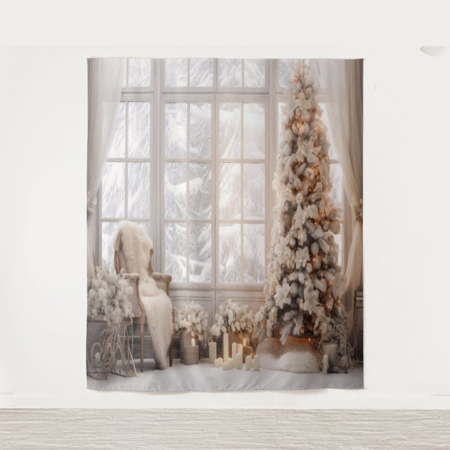 White & Gold Holiday Photo Scene Backdrop Tapestry (Front)