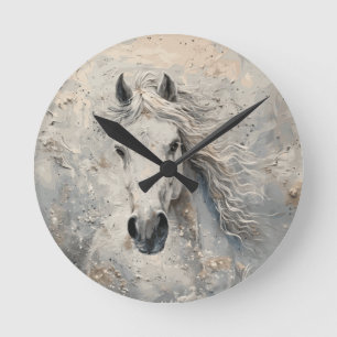 White Gold Horse Lover  Round Clock