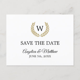 White Gold Laurel Monogram SAVE THE DATE Wedding Announcement Postcard