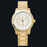 White Gold Law Justice Logo Monogram Watch<br><div class="desc">Cool gold tones elegant justice logo with laurel wreath,  justice scale,  and a customizable name.
An elegant design for law officers.</div>
