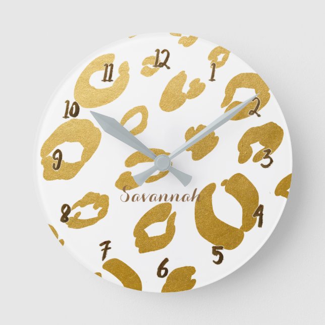 White & Gold Leopard Cheetah Glam Personalized Round Clock (Front)
