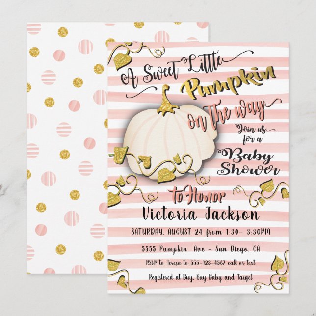 White Gold Little Pumpkin Baby Shower invitations (Front/Back)
