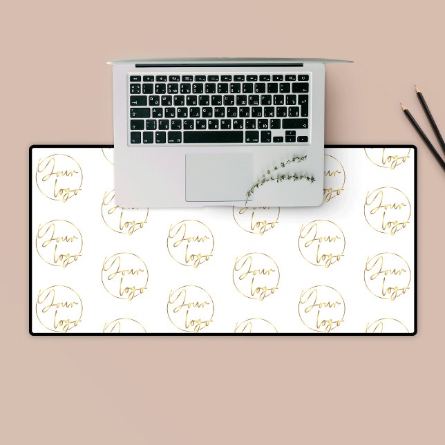 White & Gold Logo Branded Chic Company Desk Mat (elegant branded desk mat in white with gold logo)