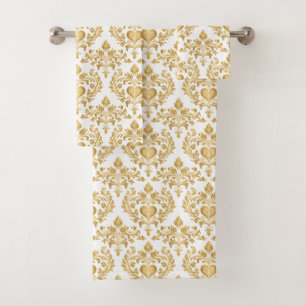 White & Gold Look Damask Heart Bathroom Towel Set